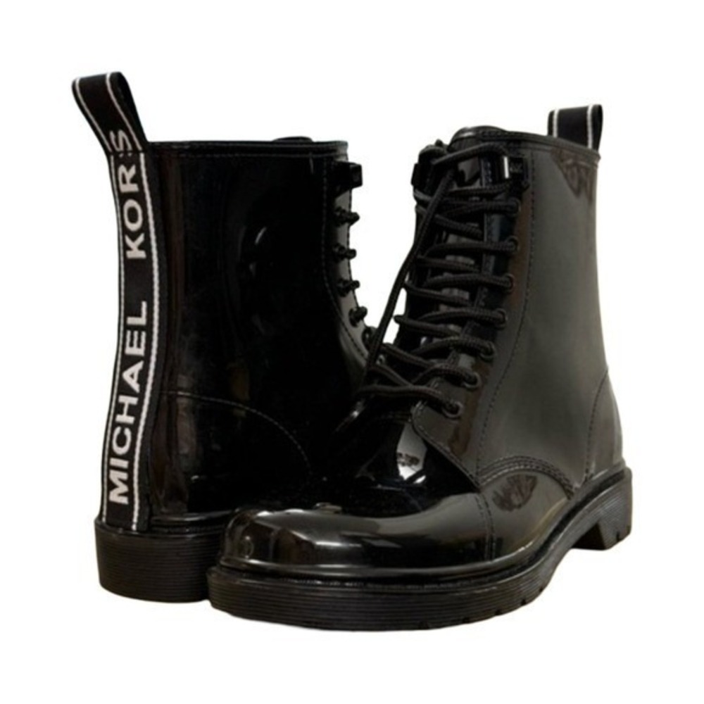 Michael Kors' Tavie‎ rain booties Black Lace Up Combat Boots Logo Pull Tab 7 New - Picture 3 of 16